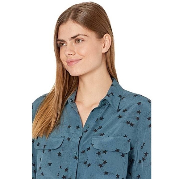 EQUIPMENT FEMME Teal Silk Star Print Long Sleeve Button Up Signature Blouse M - Picture 8 of 16